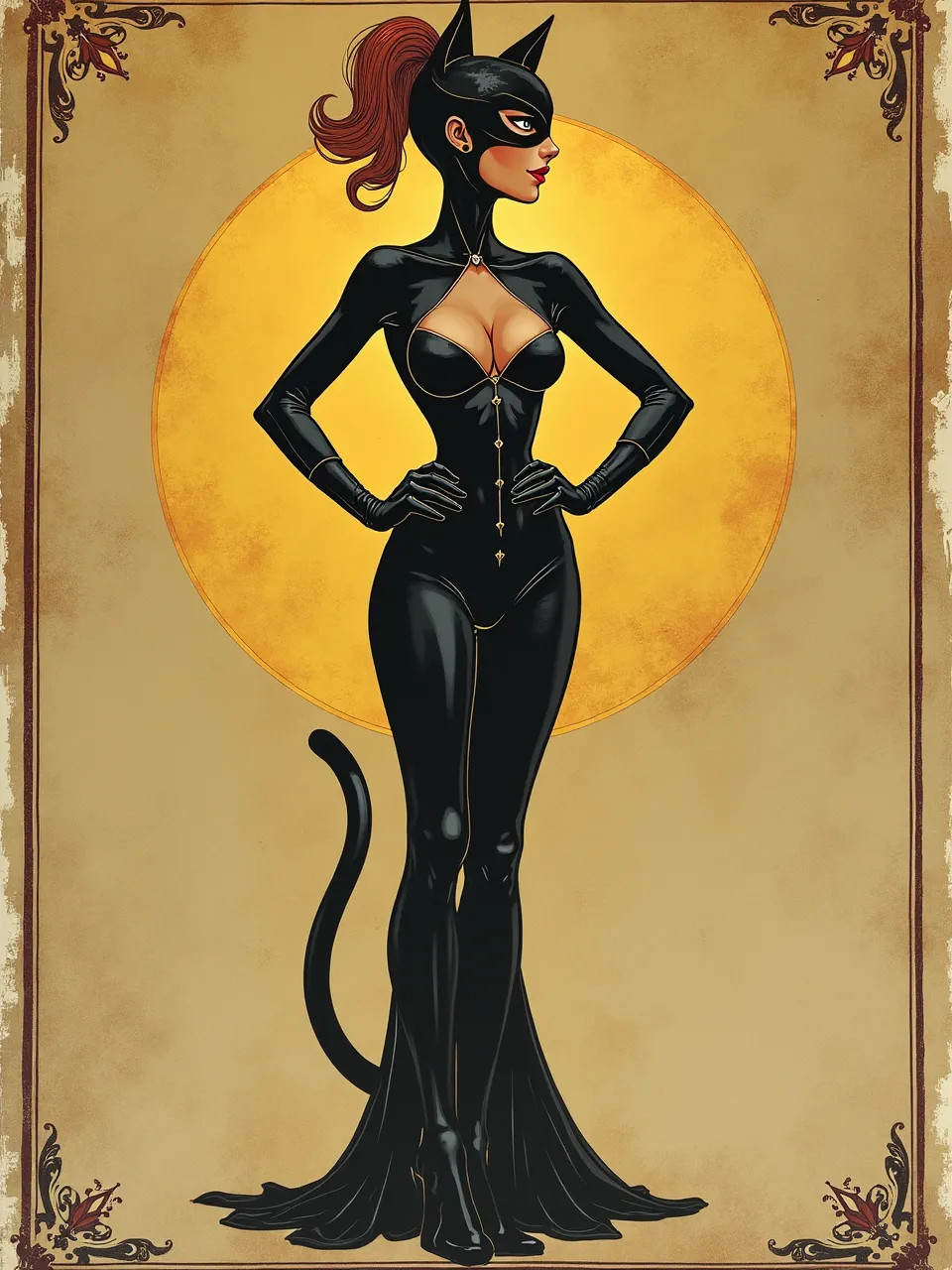 Walter Crane–inspired Catwoman art nouveau poster: warm halo backlighting, crisp inked outlines, glossy satin-black textures, and subtle watercolor gouache washes on aged parchment.
