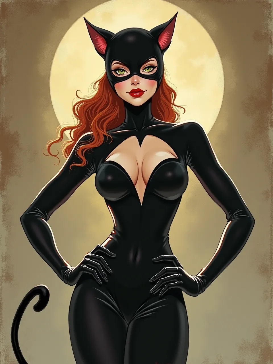 Warwick Goble–inspired Catwoman illustration: moonlit halo backlight, soft gouache-and-ink gradients, velvety latex sheen, delicate paper texture, Art Nouveau contours, luminous eyes, painterly warmth.
