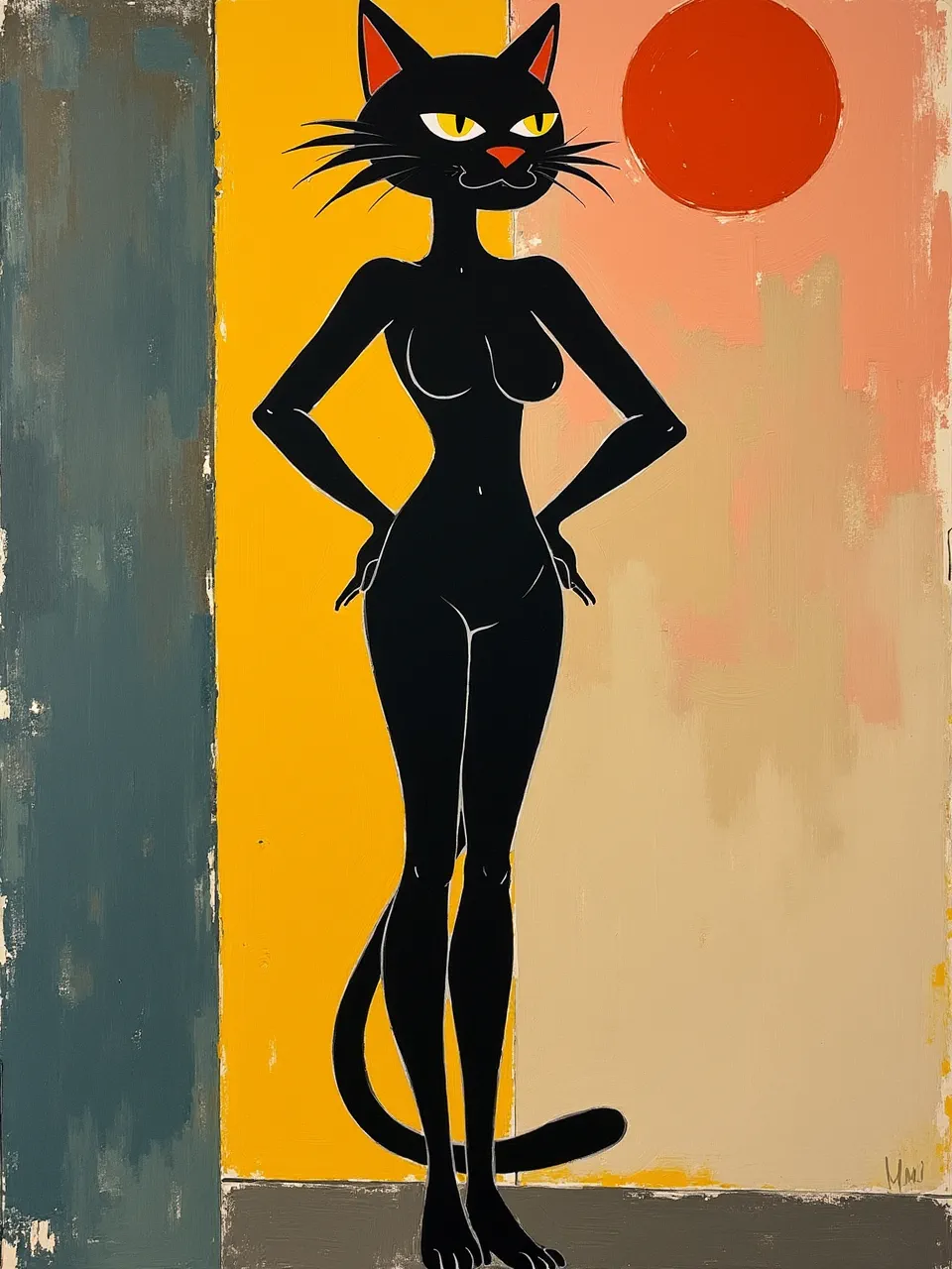 Wassily Kandinsky-inspired Catwoman stands in flat, radiant color fields; warm sunlike glow, gritty impasto textures, and crisp matte silhouettes suggest acrylic-on-canvas abstract modernism.