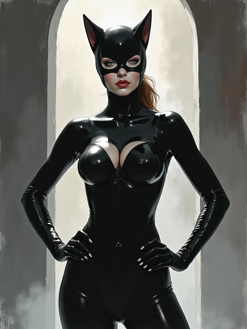 Wayne Barlowe-inspired Catwoman Flux AI portrait: stark rim-lit archway glow, glossy latex highlights, soft painterly gradients, gritty brush textures, rendered as digital oil painting on canvas.
