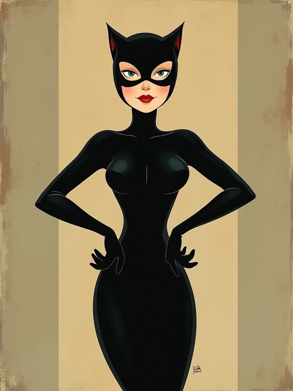 Catwoman channels Will Barnet: flat, warm gallery lighting; velvety black latex textures; crisp contour lines and muted paper grain, rendered as minimalist gouache poster illustration.