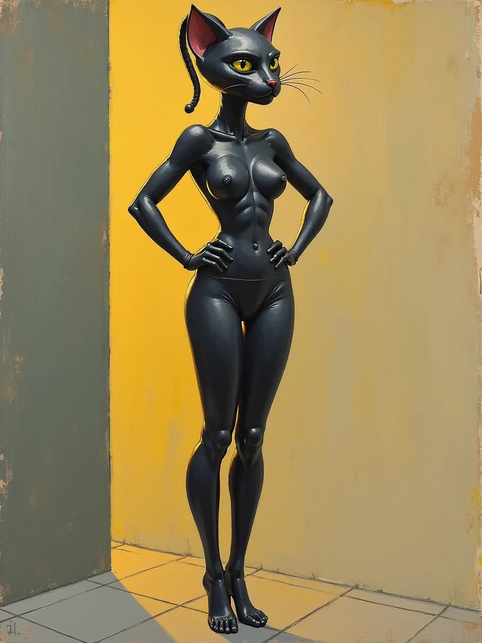 Willem de Kooning–styled Flux AI oil-on-canvas portrays Catwoman in harsh studio light, glossy black impasto textures, gritty scraped underpainting, and ochre walls with painterly abrasion.