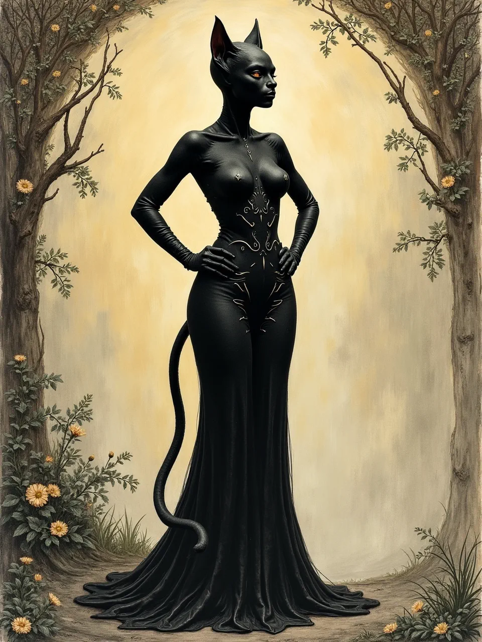 William Blake–inspired Catwoman stands in haloed sepia light; etched ink linework and hand-tinted watercolor washes glaze velvety latex textures, gothic floral borders, celestial ambience.