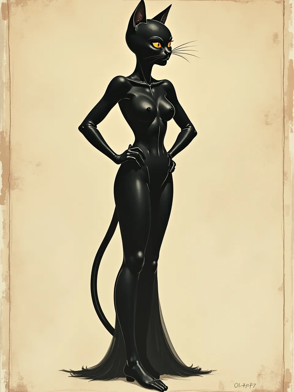 William Heath Robinson–style Catwoman rendered in ink linework and watercolor wash, with soft sepia lighting, glossy latex-like textures, parchment grain, and crisp comic illustration detail.