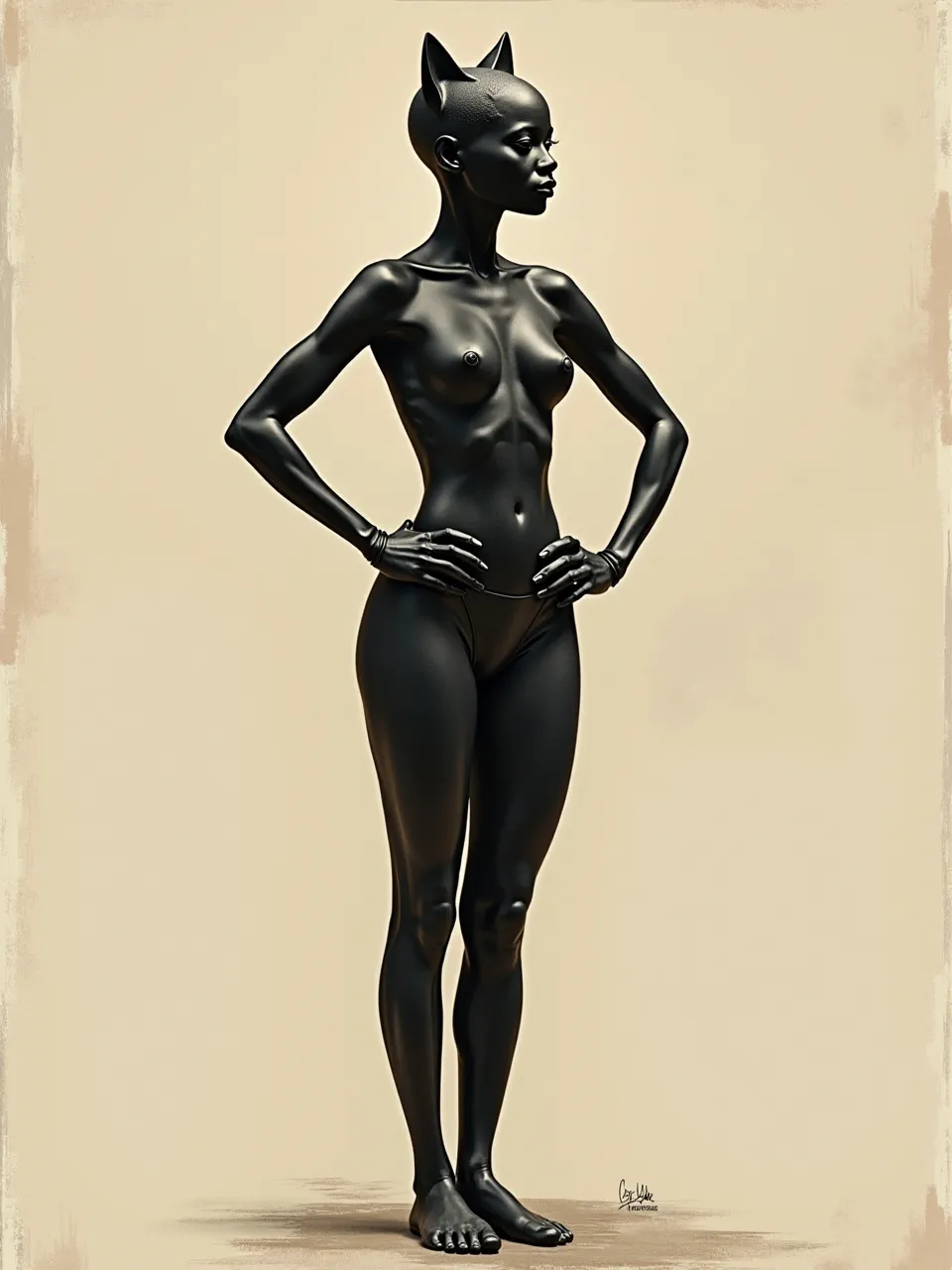 Flux AI renders Catwoman in William Kentridge mode: stark side-lighting sculpts glossy latex; charcoal-smudged contours, torn-paper textures, and sepia wash evoke gritty mixed-media lithograph mood.