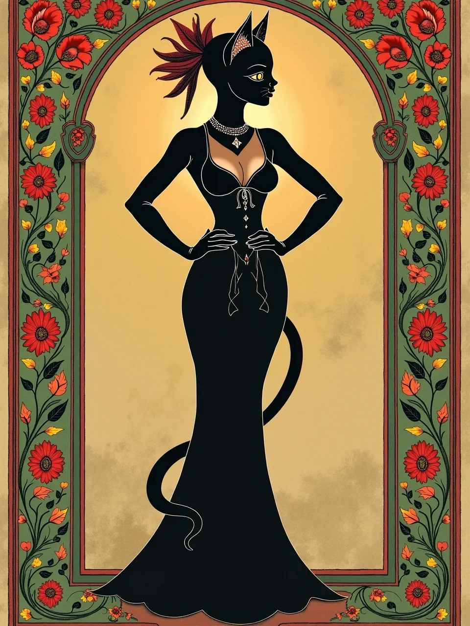William Morris–inspired Catwoman stands in warm, diffused parchment light; velvety ink-black silhouette and gilded jewel accents; framed by Arts-and-Crafts floral linocut, printmaking textures.