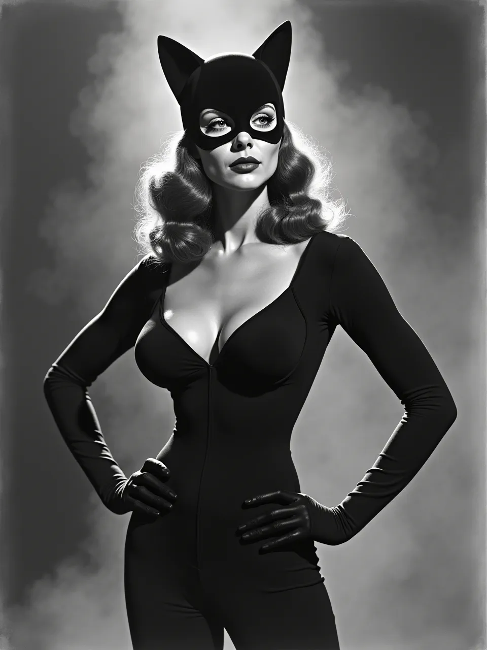 William Mortensen–inspired Catwoman, rendered as gritty black‑and‑white silver‑gelatin photomontage: hard rim light, smoky backdrop, velvety latex sheen, grainy retouching, sculpted shadows, dramatic texture.