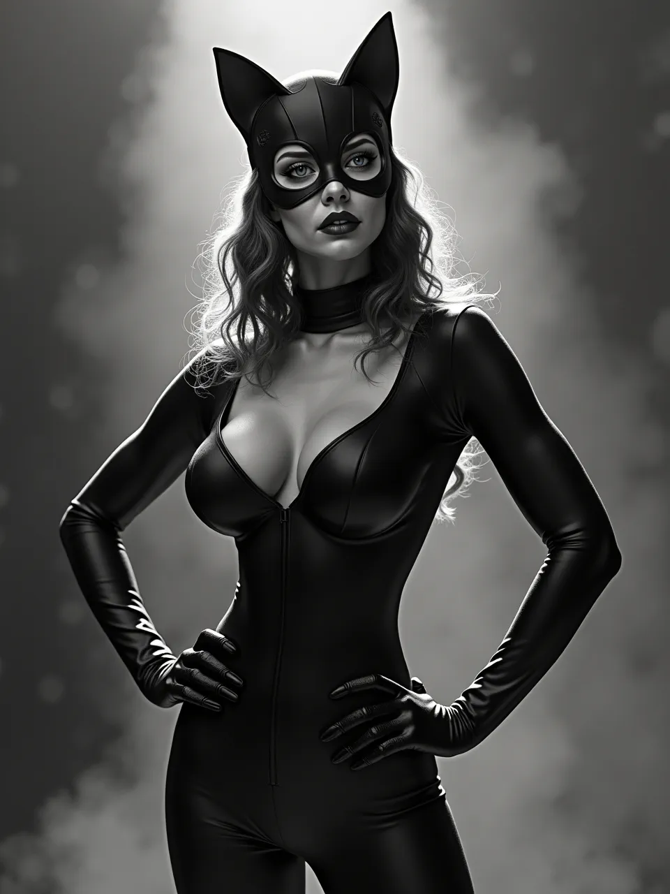 William Strealy–inspired Flux AI portrait of Catwoman: noir rim lighting cuts smoky bokeh; glossy latex textures gleam; hyperreal digital airbrush rendering delivers cinematic, high-contrast depth.