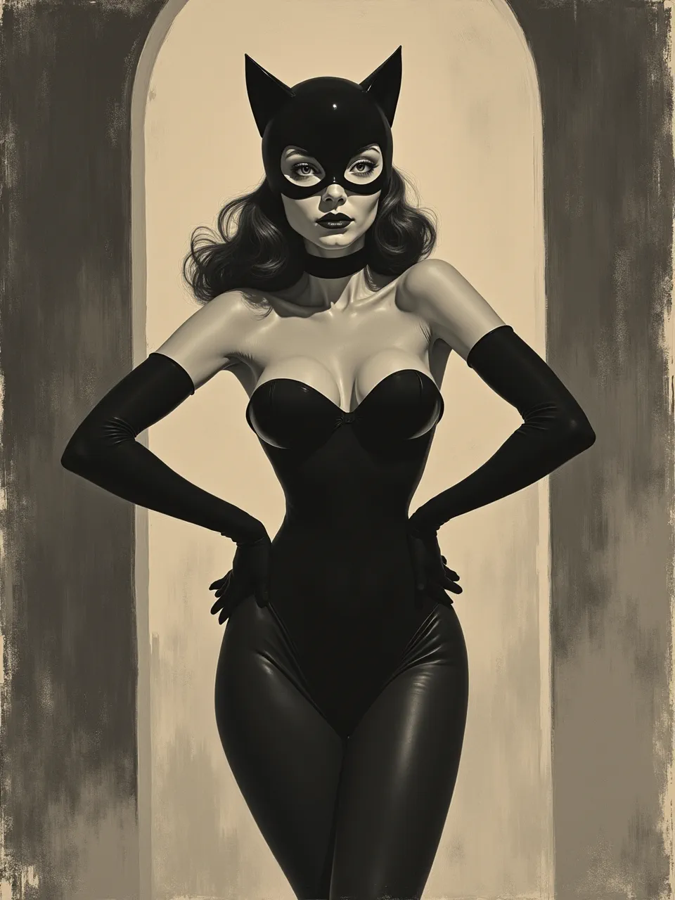 Catwoman channels William Zorach: warm spotlight, soft chiaroscuro, and carved-stone matte skin against textured plaster arch; rendered as sculptural oil-on-canvas with charcoal underdrawing.