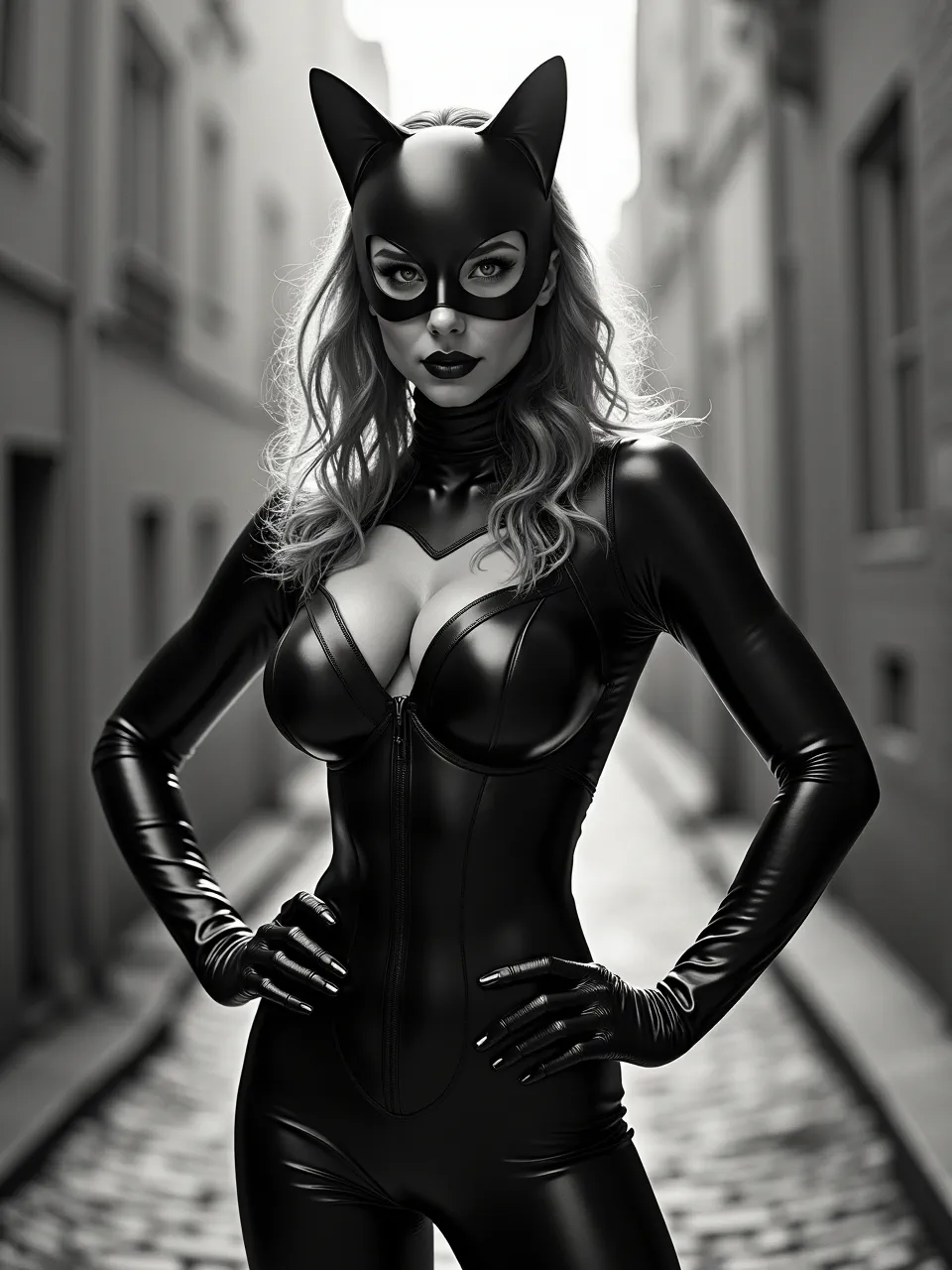 Wim Delvoye–inspired Flux AI portrait: Catwoman in high-contrast monochrome, lacquered latex sheen, crisp rim lighting, gothic filigree-like detailing, hyperreal digital photomontage texture, cinematic alley depth.