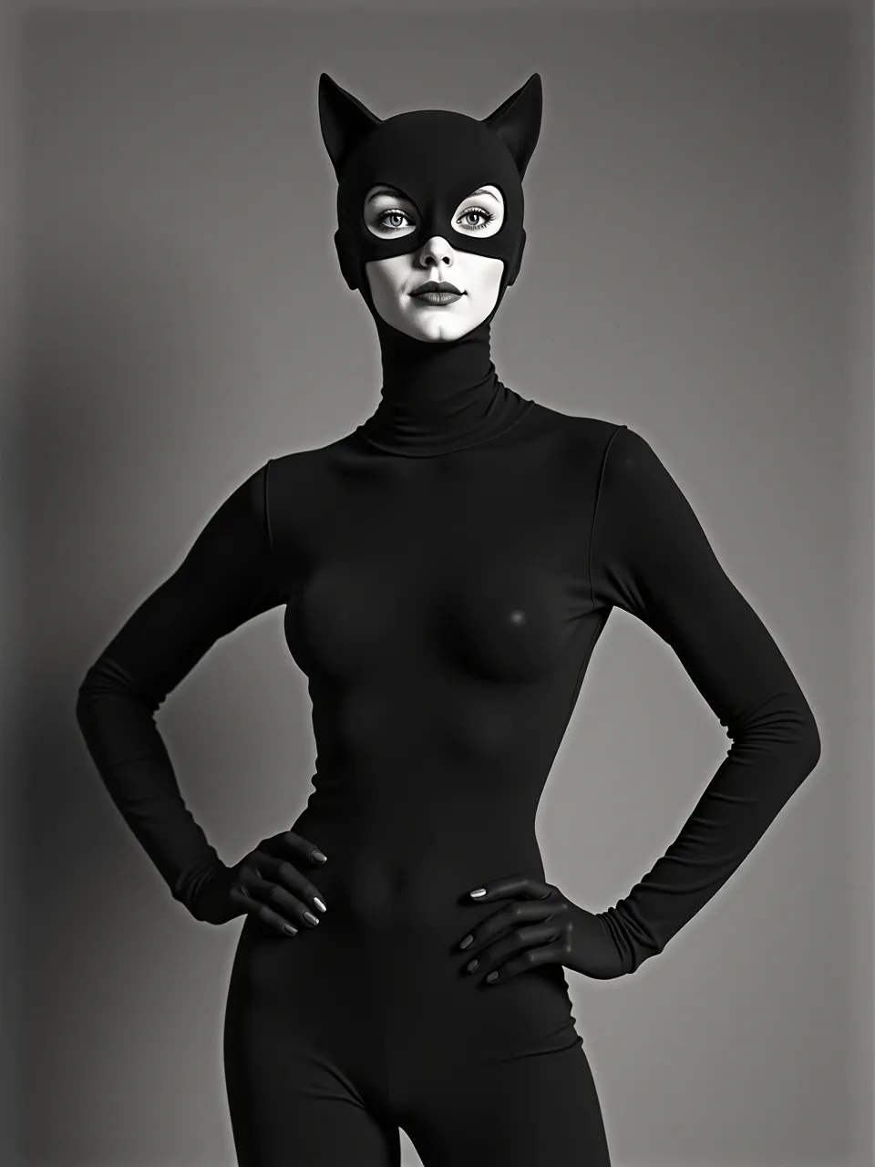 Winifred Knights-inspired tempera-gouache finish renders Catwoman in cool, diffused studio light; velvety matte blacks, porcelain skin, crisp edges, and softly graded gray backdrop.