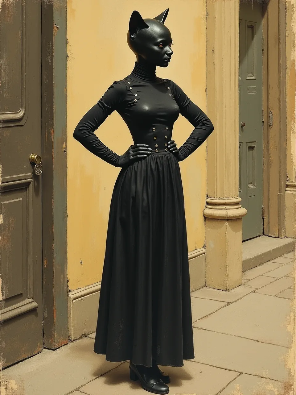 Winslow Homer–inspired watercolor-and-gouache: Catwoman stands in warm raking light, matte black leather and pleated skirt rendered with dry-brush texture against weathered, sunlit plaster walls.