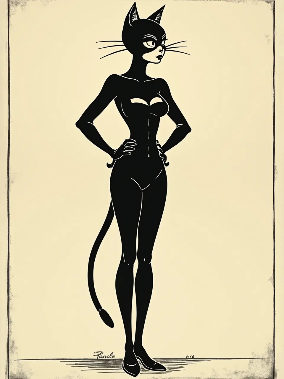 Winsor McCay–inspired Catwoman stands in bold black ink silhouette, lit by soft cream paper glow; crisp linework, minimal shading, and vintage cel-style illustration textures.