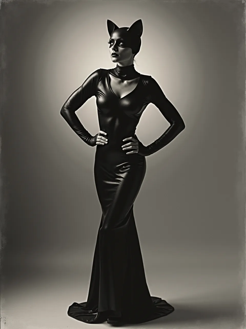Yaacov Agam-inspired lenticular digital print shows Catwoman in glossy latex, rim-lit studio glow, silky highlights, deep shadows, kinetic optical texture, op-art gradients, sculptural minimal backdrop.