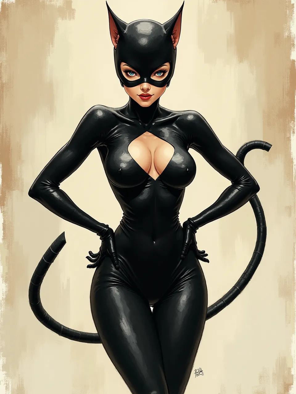 Yasushi Nirasawa-inspired Flux AI Catwoman pin-up: glossy latex textures, sharp specular highlights, soft studio rim-lighting, and painterly digital airbrush/ink rendering on warm, textured backdrop.
