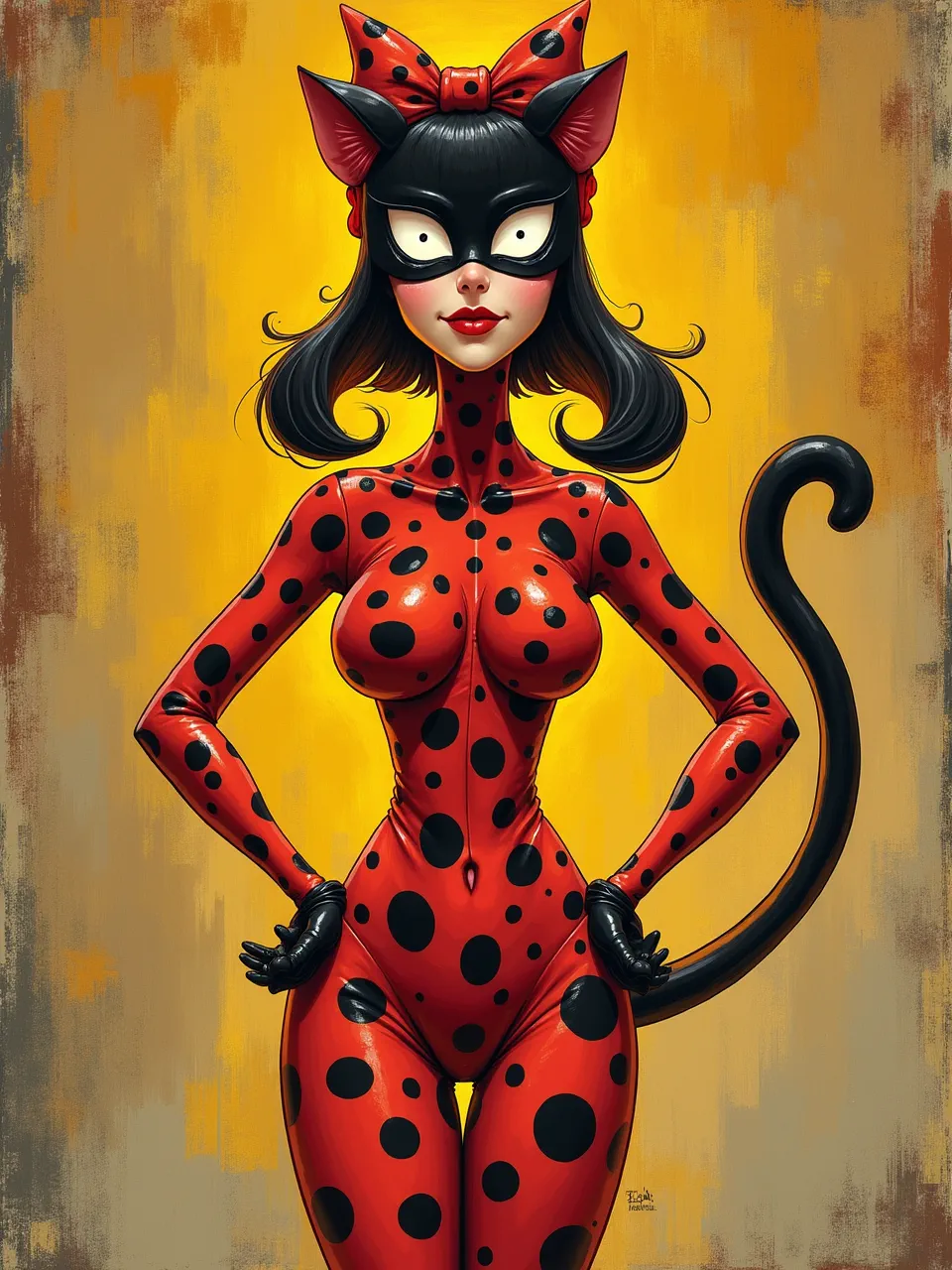 Yayoi Kusama-inspired Catwoman glows in warm studio backlight, her glossy polka-dot latex suit rendered as pop acrylic-on-canvas, with stippled textures and bold, high-contrast highlights.