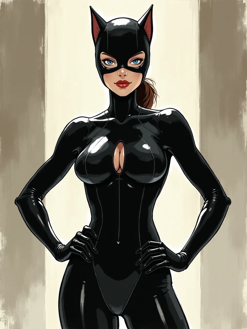 Yoji Shinkawa-inspired Flux AI portrait: Catwoman in glossy latex, high-contrast rim lighting and ink-wash shadows, textured paper backdrop, sharp cel-shaded highlights, graphic illustration.