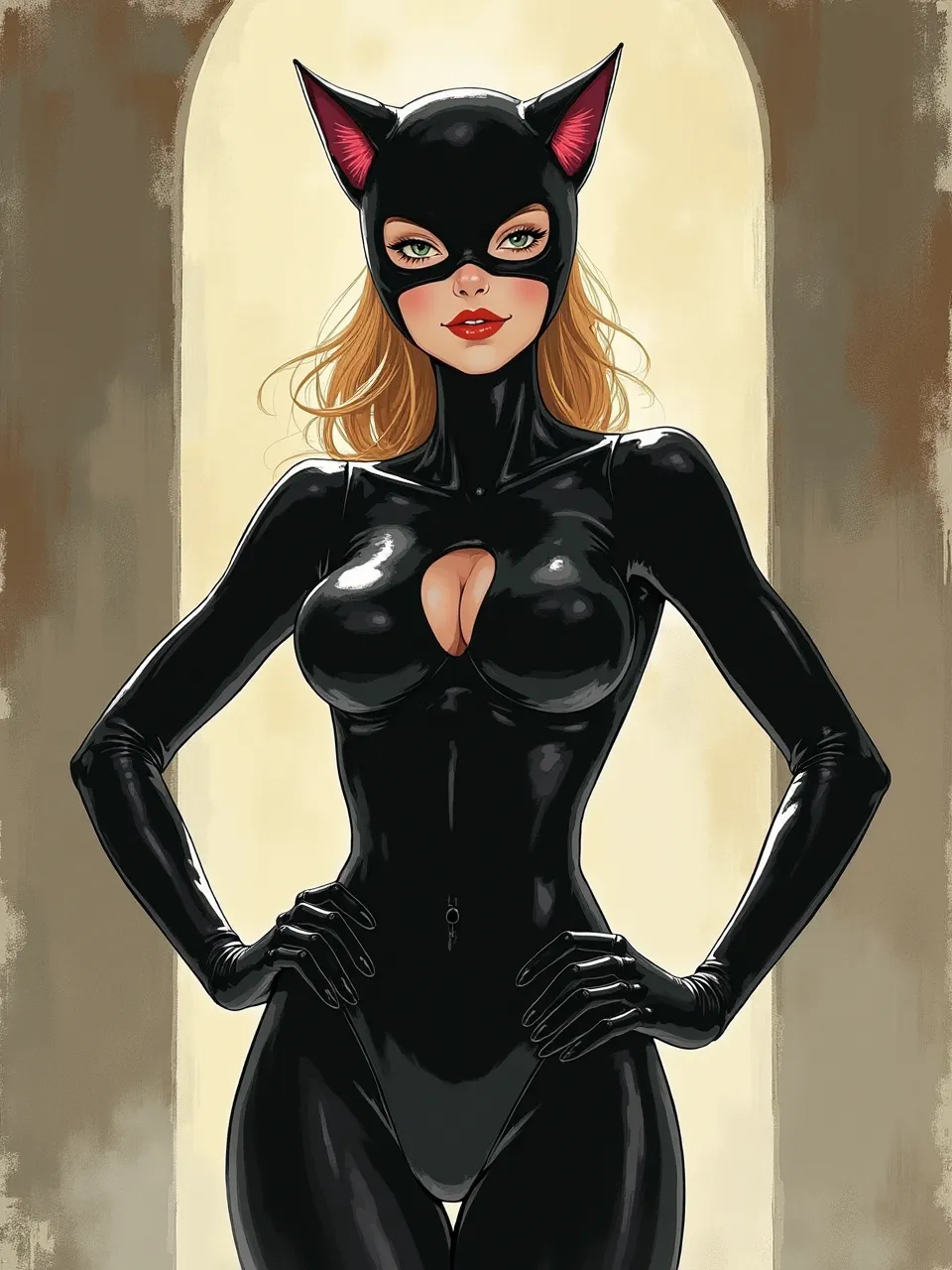 Yoshitaka Amano-inspired Catwoman glows in warm backlit watercolor haze, with inked contours and metallic gouache highlights; glossy latex textures shimmer, soft gradients sculpting an elegant comic portrait.