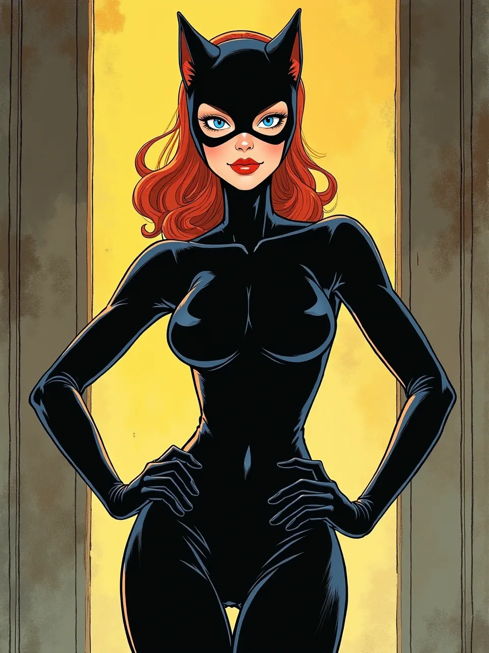 Catwoman, rendered in Yuko Shimizu–inspired ink-and-watercolor comic illustration, glows under warm backlight; glossy latex highlights, crisp linework, and textured paper grain deliver poster-ready pop.