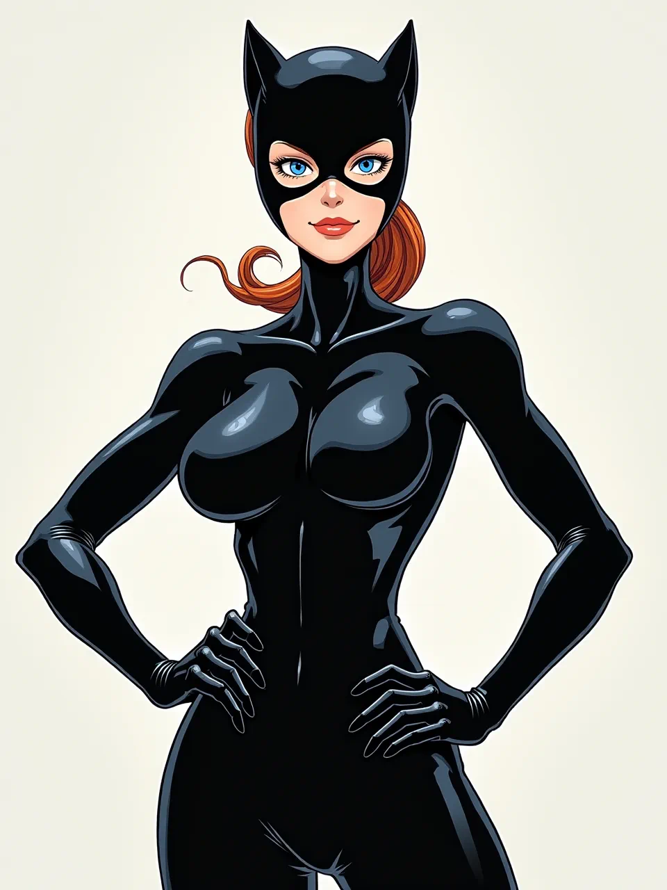 Catwoman rendered in Yusuke Murata manga style: crisp digital ink linework, glossy latex textures, sharp rim lighting, smooth cel-shading gradients, high-contrast highlights, clean background.