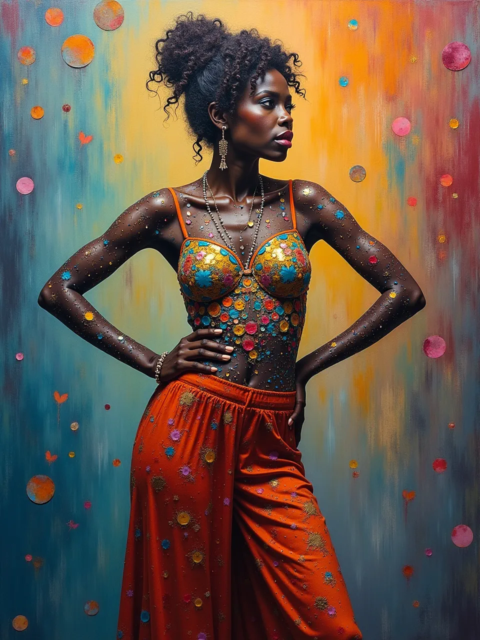 Yvonne Coomber–inspired Catwoman shines in luminous acrylic-on-canvas: warm rim lighting, velvety skin glazes, impasto confetti dots, and textured gradient backdrop for modern pop portrait.