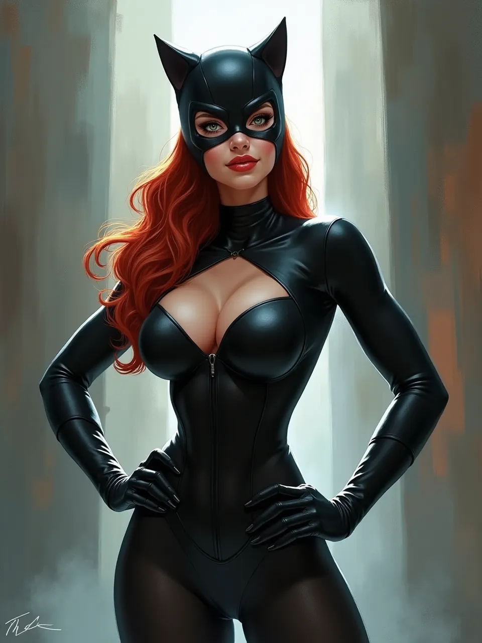 Zac Retz-inspired Flux AI digital painting of Catwoman: cinematic rim light and soft window glow sculpt glossy latex textures, velvety shadows, and hyperreal skin highlights.